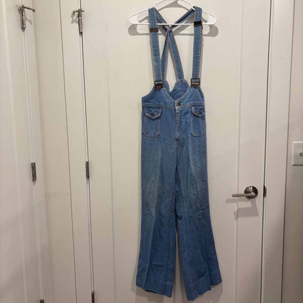 Vintage Hang Ten Denim Overalls Wide Leg 70s Surf Blue Cotton Bibs Size L 34